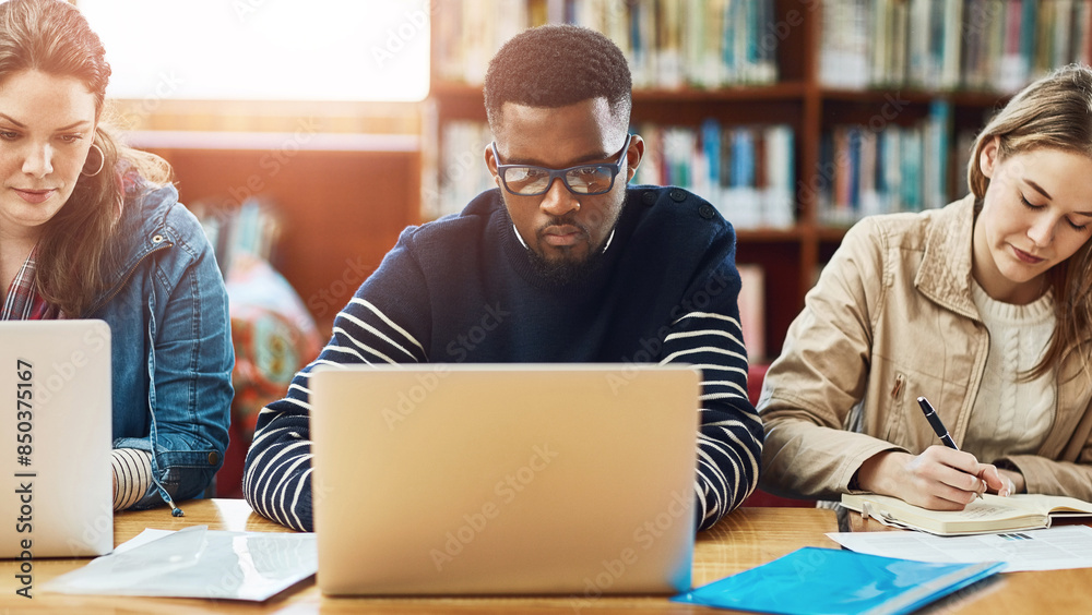 Poster laptop, research and friends learning at library for education, knowledge or test preparation in col