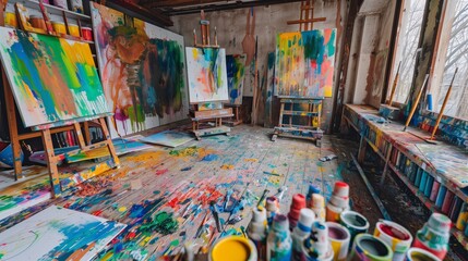 Obraz premium An artist's studio, filled with colorful paints and canvases, is a sanctuary for creativity and imagination.