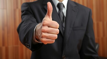 Successful businessman giving thumbs up in corporate setting