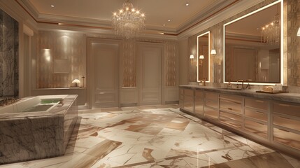 An expansive washroom with a marble floor, a large freestanding tub, and a double vanity with crystal chandeliers hanging above; the walls are adorned with luxurious  in a subtle gold pattern.