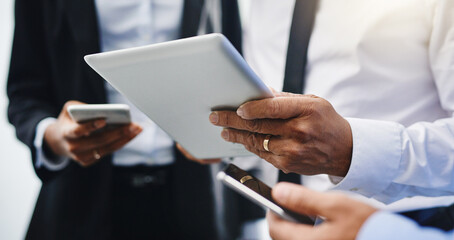 Business people, hands and technology with tablet, cellphone and cooperation with digital app. Teamwork, group and employees with smartphone, professional and connection with website info or network