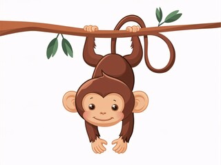 Curious Monkey Hanging Upside Down, White Background