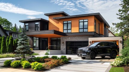 A family SUV parked in front of a modern suburban house with a landscaped garden