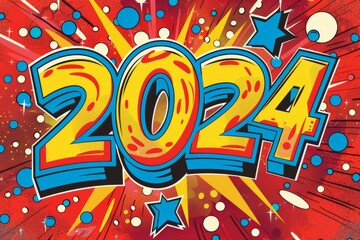Colorful pop art style explosion with 2024 in bright numbered font