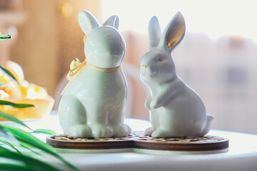 Ceramic white hares, vintage figurine