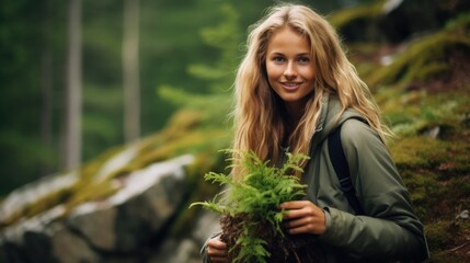 Stunning Scandinavian woman contributing to environmental conservation efforts during her outdoor adventures.