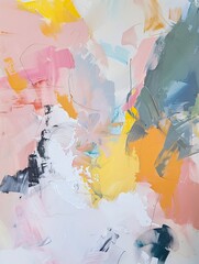 Abstract painting using vivid colors like yellow, pink, white and grey, perfect for modern interior design, wall art, canvas prints, posters