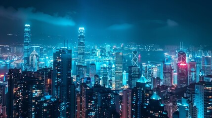 Fototapeta premium A futuristic city skyline with skyscrapers illuminated at night, showcasing advanced urban technology