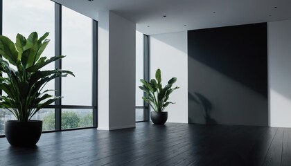 a black wall with a window that says potted plants