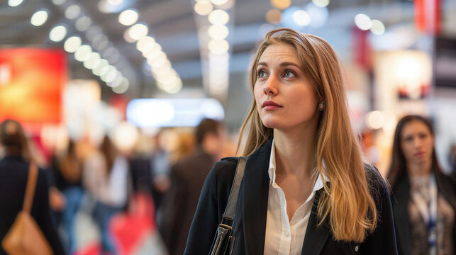 Woman at a busy event looking thoughtful