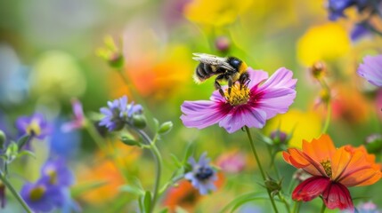 A burst of color from a mix of vibrant wildflowers attracting a plethora of bees to its blooming display.