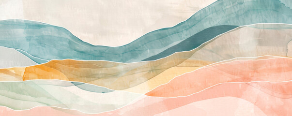 A serene painting capturing majestic mountains standing tall against a backdrop of a beautifully painted sky filled with soft clouds and hues of blues and purples. Banner. Copy space