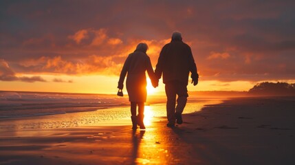 A happy elderly couple walking hand in hand on a beach at sunset, symbolizing love and longevity