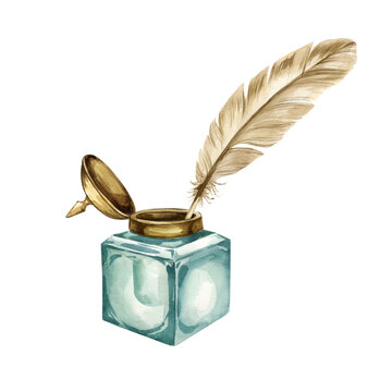 recommend clip art: feather quill dip pen and vintage green glass inkwell with metal lid, watercolor illustration of historical theme, antique devices for writing, symbol of poets writers and scientists white background