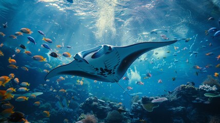 A large manta ray is swimming in a school of fish