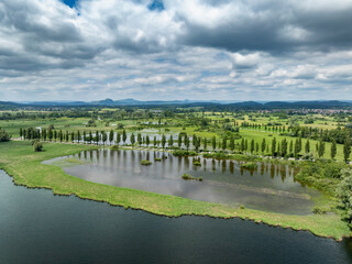 Luftbild vom westlichen Bodensee mit der Radolfzeller Aachried und dem Mooser Damm bei Hochwasser,...