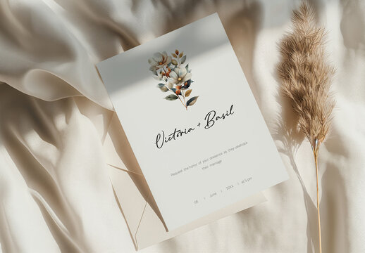 Minimal and Elegant Wedding Invitation Card With Flower Bouquet and Generative ai