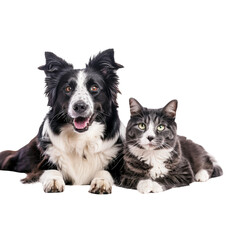 Obraz premium happy dog and cat sitting together, looking at camera isolated on white background