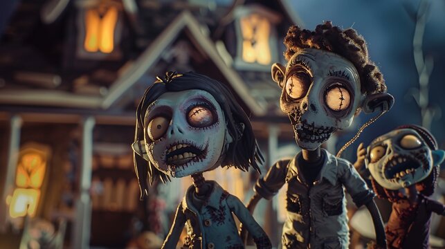 A highly detailed photograph of a cute zombie family, with a friendly and warm atmosphere, set against a backdrop of a playful, haunted house, every element in sharp focus