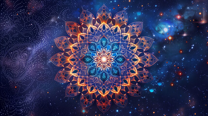 A mandala with bright colors and intricate patterns glows against a cosmic background full of stars. It is an image that attracts the eye with its harmony and complexity.