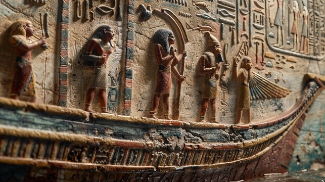 An ancient Egyptian boat with people on it.