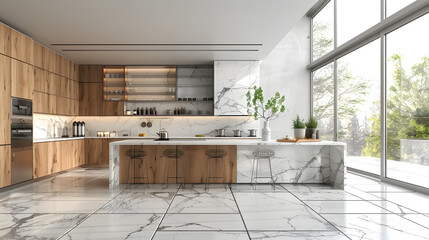 3D Render of Modern Kitchen Interior with Marble and Steel Design

