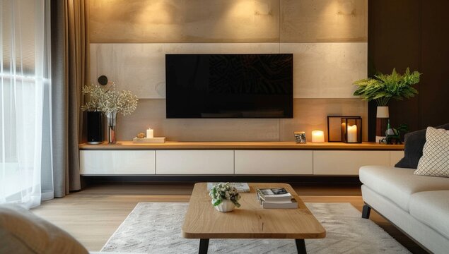 Modern minimalist living room with flatscreen TV on wall