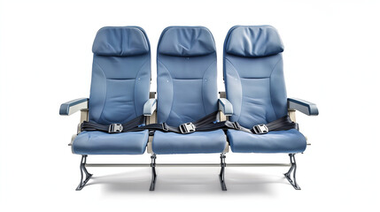 Several fabric airplane seats with seat belts, isolated on white background, symbolically reflecting travel and transportation.