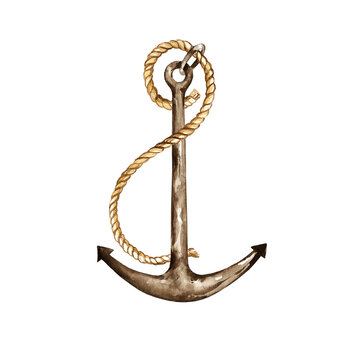 recommend clip art: watercolor vintage antique ship anchor with rope, textured brown metal anchor, illustration of historical marine theme, isolated white background