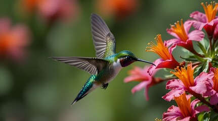 Fototapeta premium beautiful vibrant colored humming birds flying and aim.generative.ai 