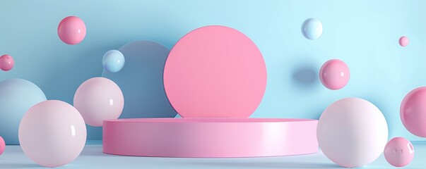 Abstract minimal pink podium platform with floating bubbles against blue background