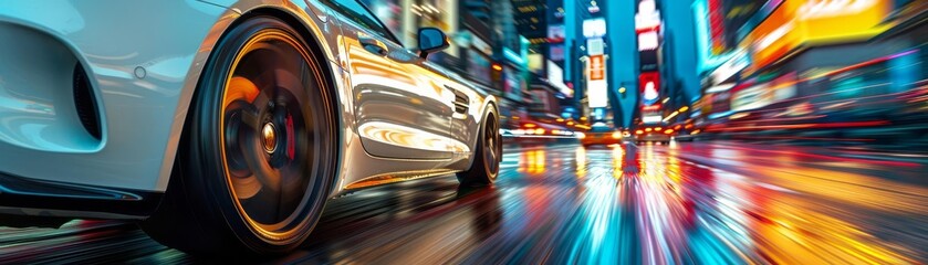 Fototapeta premium Streetlevel view of vehicles speeding through a city, motion blur emphasizing velocity and bustling city life, focusing on a white cars wheel