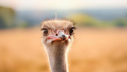 Curious ostrich with fluffy feathers in open field. Large wild bird. Wildlife and animals concept
