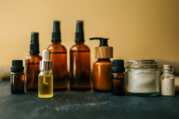 Cosmetics packaging. Set of different cosmetic bottles of cream or serum on a ceramic tray. Blank packaging. Natural beauty spa product concept. Beauty