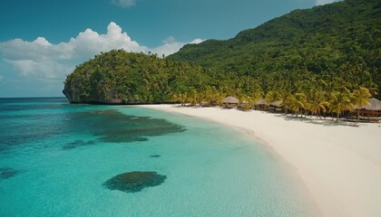 Obraz premium Tropical Island And Coral Reef - Split View With Waterline. Beautiful underwater view of lone small island above and below the water surface in turquoise waters of tropical ocean.