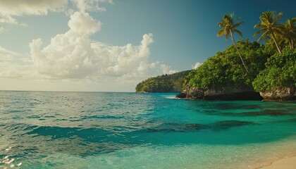 Obraz premium Tropical Island And Coral Reef - Split View With Waterline. Beautiful underwater view of lone small island above and below the water surface in turquoise waters of tropical ocean.