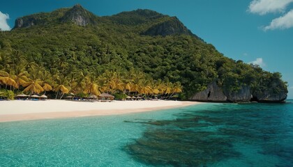 Fototapeta premium Tropical Island And Coral Reef - Split View With Waterline. Beautiful underwater view of lone small island above and below the water surface in turquoise waters of tropical ocean.