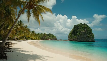 A tropical island with a beach and turquoise water
