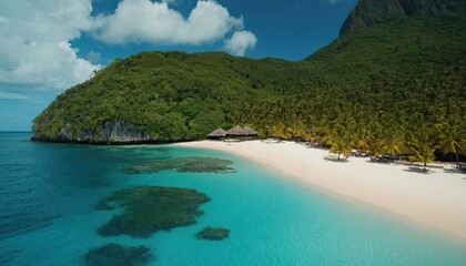 A tropical island with a beach and turquoise water
