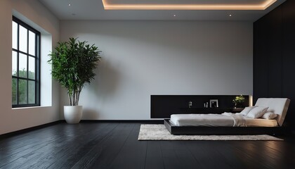 View of white empty room and wood laminate floor,frame with green plant , 3D rendering