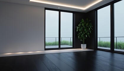 Obraz premium empty room with dark wall and wooden floor with plant