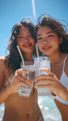  Two asian women on beach holding clear glasses with straws and drinking water. One woman is smiling and looking at camera, the other is looking away. 