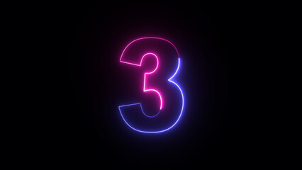 Neon number 3. Two-color looping trendy glowing neon numeric number three. Educational mathematics concept with neon letter