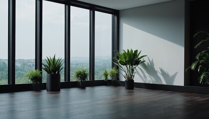 Fototapeta premium empty room with dark wall and wooden floor with plant