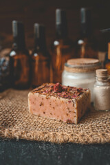 Cosmetics packaging. Set of different cosmetic bottles of cream or serum on a ceramic tray. Blank packaging. Natural beauty spa product concept. Beauty