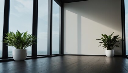 Obraz premium Empty room interior background. Modern interior of empty living room with leather armchair on wood flooring and dark blue wall