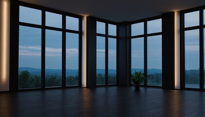 Obraz premium Empty room interior background. Modern interior of empty living room with leather armchair on wood flooring and dark blue wall