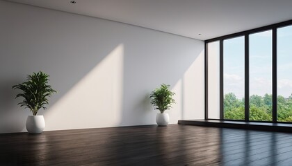 Empty room interior background. Dark background empty room with plants on a floor
