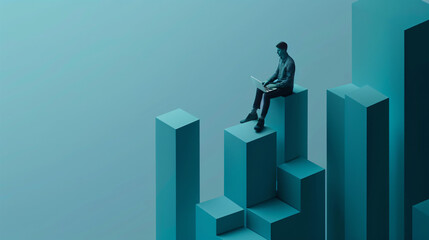 Man Working on Laptop at the Top of a Blue Geometric Structure.