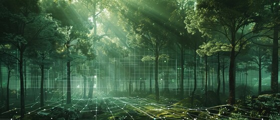 Digital grid overlay on a natural forest scene
